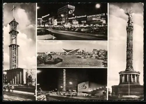 AK Berlin, Kongresshalle, Hochhaus u. Zoopalast bei Nacht