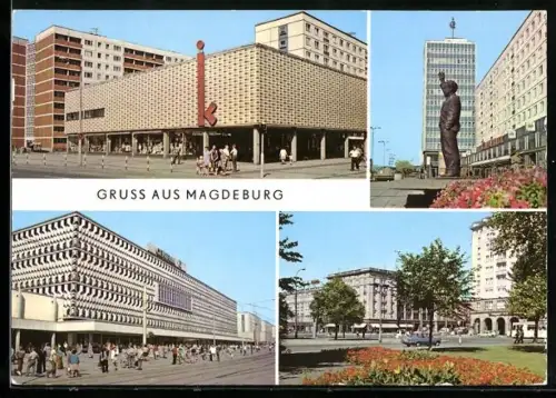 AK Magdeburg, Kinderkaufhaus an der Karl-Marx-Strasse, Erich-Weinert-Denkmal und Haus des Lehrers