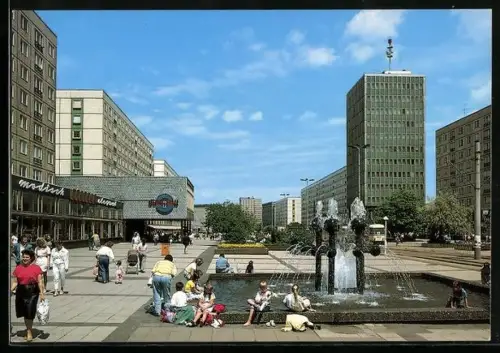 AK Magdeburg, Zentrum, Neubauten, Panorama mit Brunnen u. Hochhaus