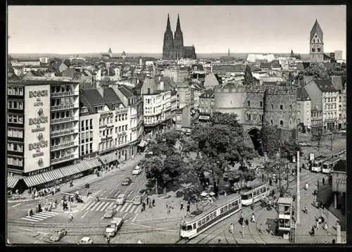AK Köln /Rh., Stadtansicht mit Bosch-Gebäude, Hahnentor u. Strassenbahn aus der Vogelschau