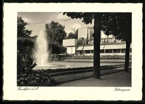 AK Frankfurt a. M., Palmengarten mit Flachdachgebäude u. Springbrunnen