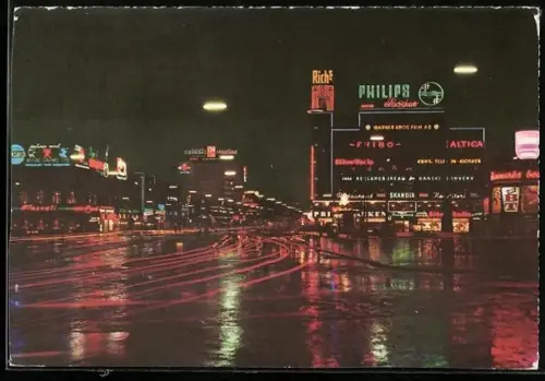 AK Kopenhagen, Rathausplatz bei Nacht, mit Philips-Gebäude