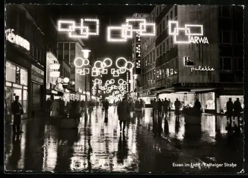 AK Essen, Kettwiger Strasse mit Geschäften bei Nacht