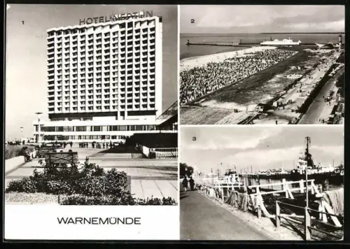 AK Rostock-Warnemünde, Hotel Neptun, Blick vom 19. Stock des Hotels, Am alten Strom