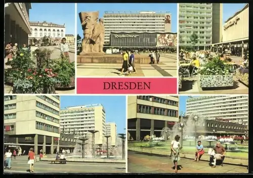 AK Dresden, Restaurant in der Prager Strasse, Prager Strasse mit Passanten