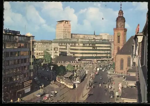 AK Frankfurt /Main, Hauptwache mit Geschäften, Kirche und Strassenbahn