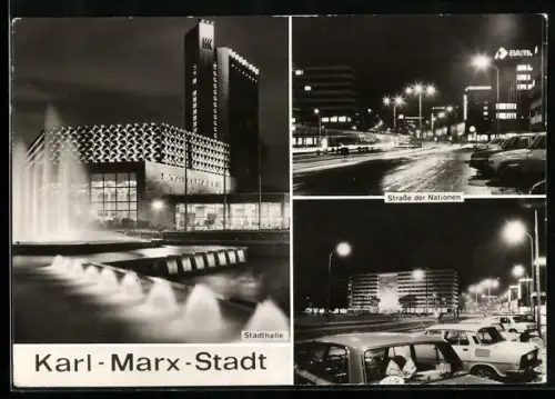 AK Karl-Marx-Stadt, Stadthalle und Strasse der Nationen bei Nacht