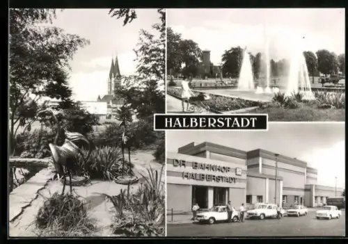 AK Halberstadt, Blick zum Bahnhof, Grünanlagen, Brunnenanlage am Breiten Weg