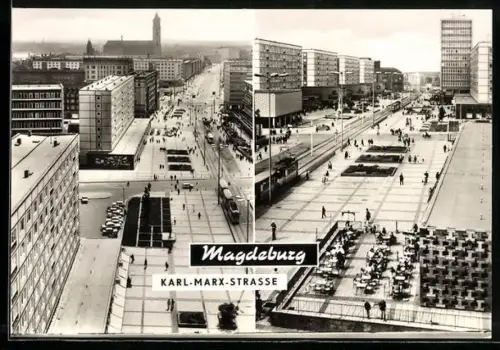 AK Magdeburg, Karl-Marx-Strasse mit Cafe und Strassenbahn