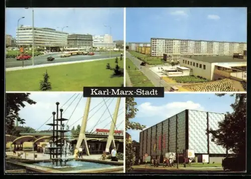 AK Karl-Marx-Stadt, Robotron - Zentrum für Forschung, Omnibusbahnhof, Ausstellungshalle am Schlossteich