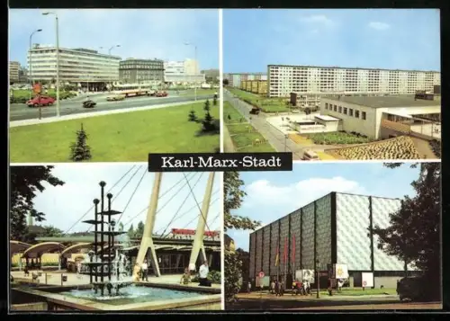 AK Karl-Marx-Stadt, Robotron - Zentrum für Forschung, Omnibusbahnhof, Ausstellungshalle am Schlossteich