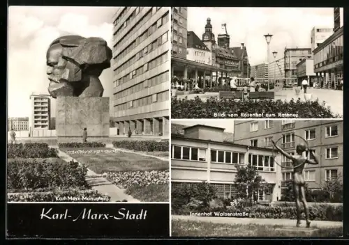 AK Karl-Marx-Stadt, Karl-Marx-Monument, Blick vom Rosenhof zum Rathaus