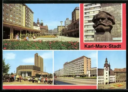 AK Karl-Marx-Stadt, Monument, Stadthalle, Kirche