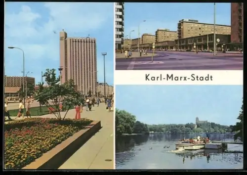 AK Karl-Marx-Stadt, Blick zum Interhotel Kongress und zur Stadthalle, Strasse der Nationen, Am Schlossteich
