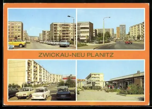 AK Zwickau-Neu-Planitz, Plattenbauten in der Stadt, Passanten am Treff zwischen den Platten