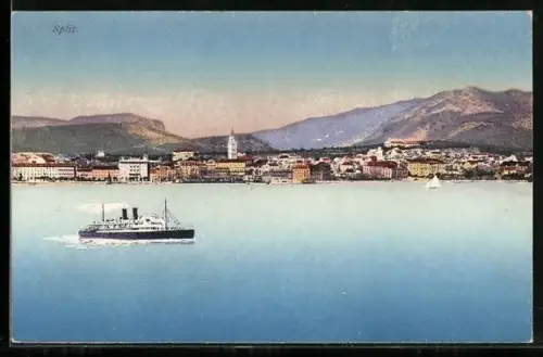 AK Split, Ortspanorama mit Dampfer