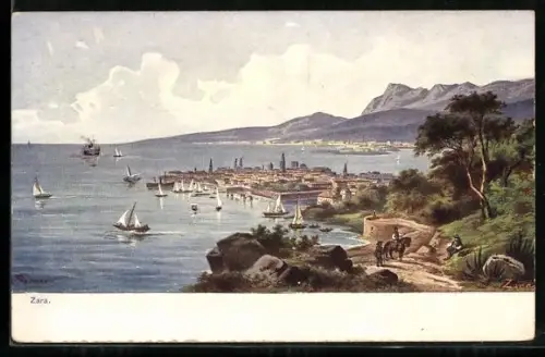 Künstler-AK Friedrich Perlberg: Zara, Ortsansicht mit Blick auf das Meer