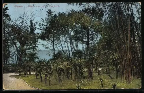AK Abbazia, Kurpark-Partie mit Seeblick
