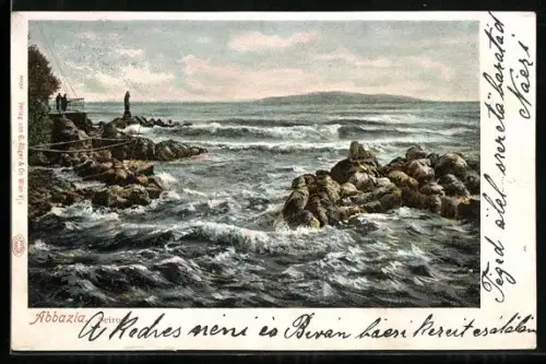AK Abbazia, Scirocco, Küste mit starken Wellen