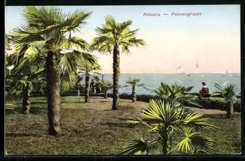 AK Abbazia, Palmengruppe mit Blick aufs Meer