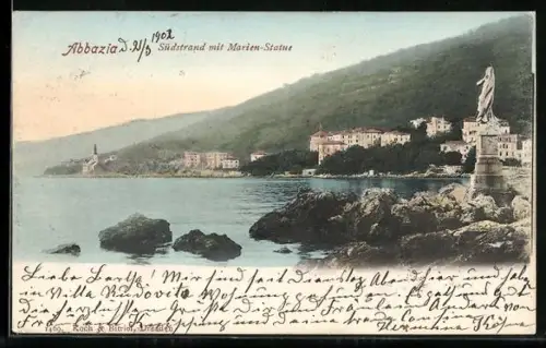 AK Abbazia, Südstrand mit Marien-Statue