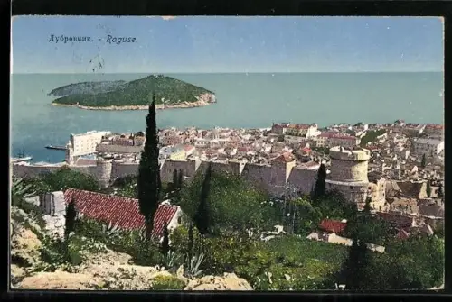 AK Raguse, Ortsansicht mit Festungsmauer und Insel