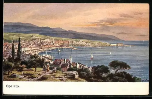 AK Spalato, Totalansicht mit Meer und Bergen