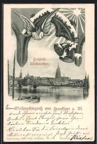 AK Alt-Frankfurt, Blick über Wasser auf Brücke gegen Innenstadt