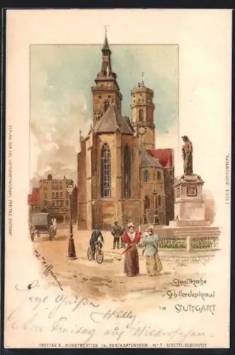 Künstler-AK Stuttgart, Stadtkirche u. Schillerdenkmal