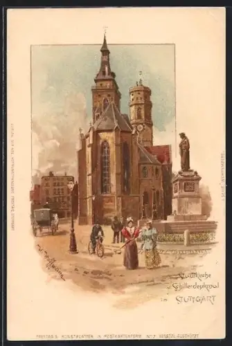Künstler-AK Stuttgart, Stadtkirche u. Schillerdenkmal