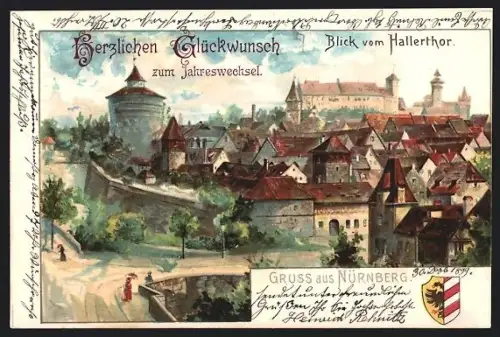 Lithographie Nürnberg, Blick vom Hallertor, Neujahrsgruss
