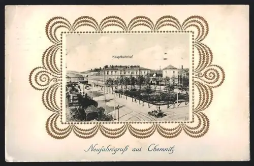 AK Chemnitz, Hauptbahnhof, Neujahrsgruss mit aufgeklebter Fotografie