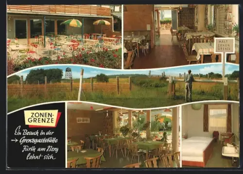 AK Fürth am Berg, Grenzgaststätte von innen und aussen, Junger Mann an der Zonengrenze