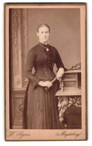 Fotografie W. Seyser, Magdeburg, Breiteweg 207, Dame mit elegantem Kleid