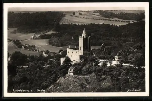 AK Rudelsburg a. d. Saale, Burg mit Umgebung aus der Vogelschau