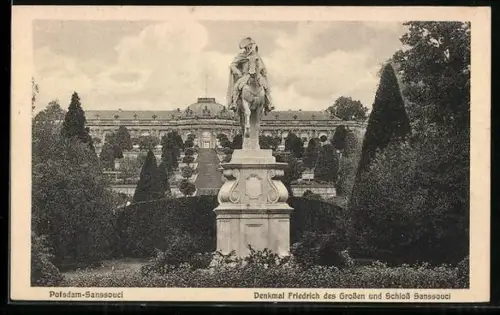 AK Potsdam, Denkmal Friedrich des Grossen und Schloss Sanssouci