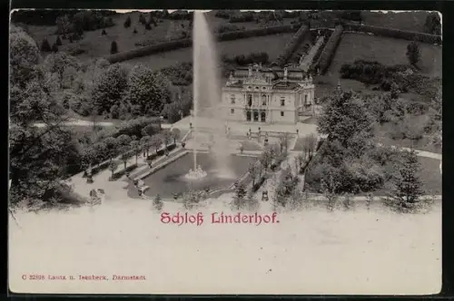 AK Schloss Linderhof, Ansicht mit Wasserfontäne aus der Vogelschau