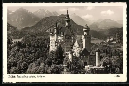 AK Schloss Neuschwanstein, Gesamtansicht aus der Vogelschau