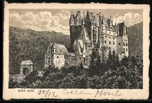 Künstler-AK Burg Eltz, Gesamtansicht mit Burgtor