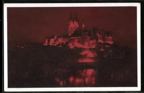 AK Meissen, Uferpartie mit Blick auf die beleuchtete Burg