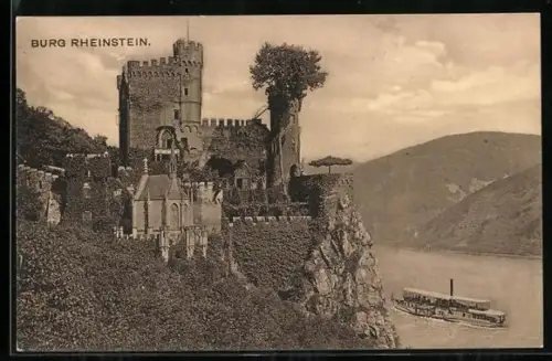 AK Burg Rheinstein, Gesamtansicht mit Rheindampfer