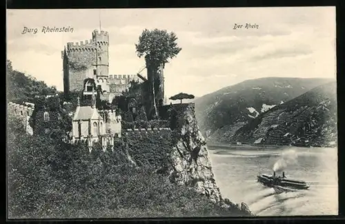 AK Burg Rheinstein, Gesamtansicht mit Rhein u. Dampfer