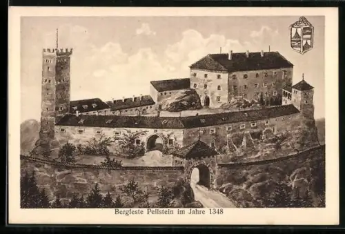 AK Bergfeste Peilstein, Gesamtansicht im Jahr 1348, Wappen