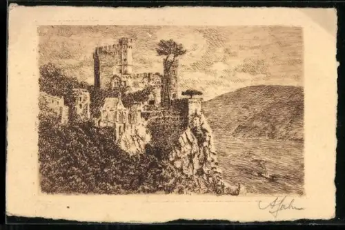Künstler-AK Burg Rheinstein, Gesamtansicht mit Rhein