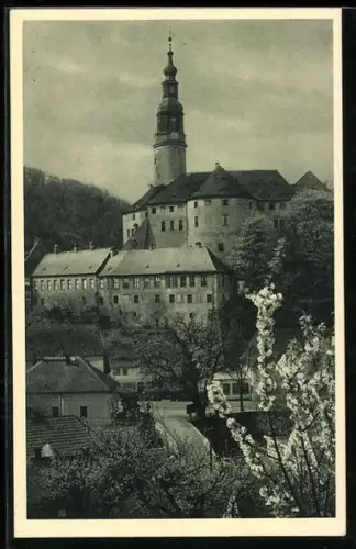 AK Weesenstein, Schloss von Norden aus der Vogelschau