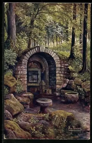 Künstler-AK Eisenach, Elisabeth-Brunnen nebst der Wartburg