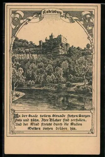 AK Saaleck, Rudelsburg von der Saale aus gesehen