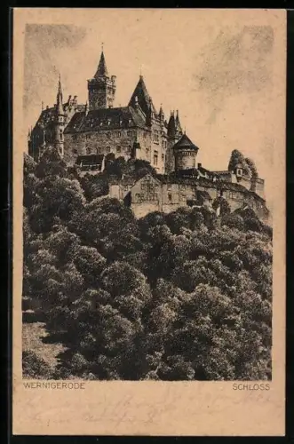 Künstler-AK Wernigerode, Blick zum Schloss