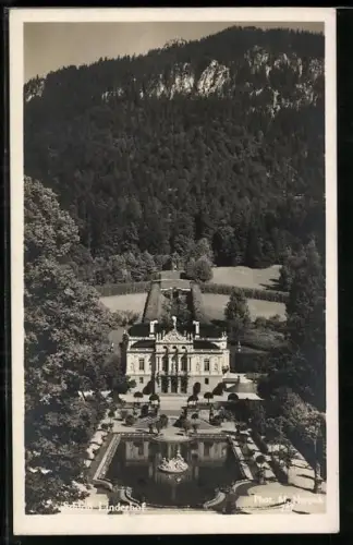 AK Schloss Linderhof, Partie mit Teich