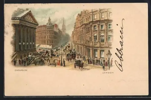 Lithographie London, Cheapside, Dichter Verkehr
